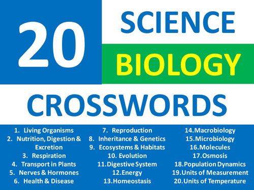 20 Crosswords Science Biology Starter Homework Filler Cover Lesson Activities Homework