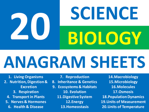 20 Anagram Sheets Science Biology Starter Homework Filler Cover Lesson Activities Homework
