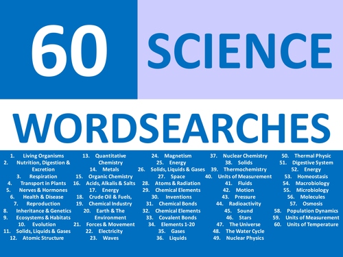 60 x Starter Wordsearches Science Chemistry Physics Biology Wordsearch KS3 GCSE Cover Plenary