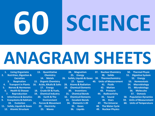 60 x Starter Anagram Sheets Science Chemistry Physics Biology Wordsearch KS3 GCSE Cover Plenary