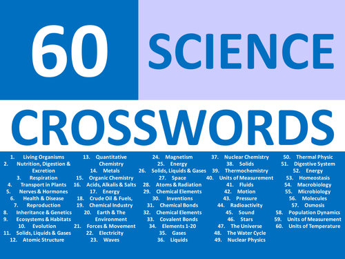 60 x Starter Crosswords Science Chemistry Physics Biology Crossword KS3 GCSE Cover Plenary