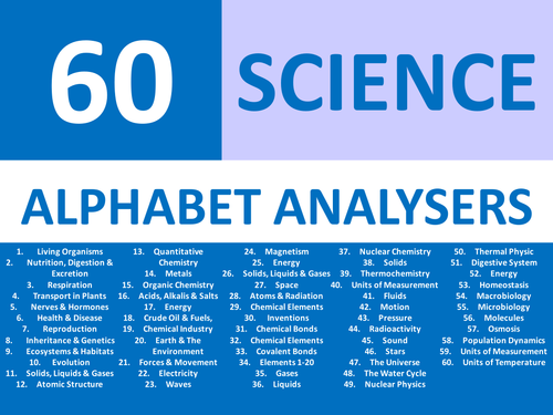 60 x Starter Alphabet Brainstorm Analysers Science Chemistry Physics Biology KS3 GCSE Cover Homework