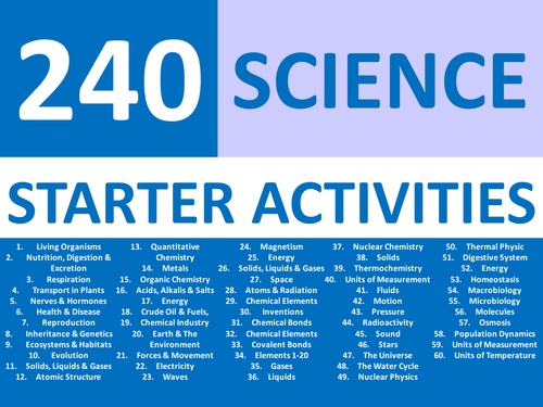 240 Starter Activities Science Chemistry Physics & Biology Keywords KS3 GCSE Cover Plenary Homework