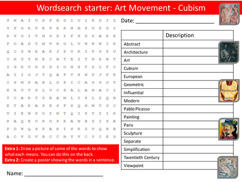 Art Movement Cubism 8 x Starter Activities Wordsearch, Anagrams Alphabet Crossword Cover Homework
