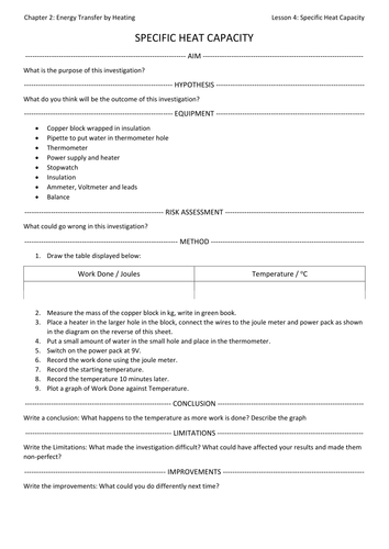 Specific Heat Capacity Required Practical Worksheet for AQA GCSE Physics