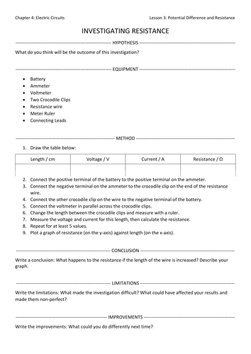 Resistance Required Practical Worksheet for AQA GCSE Physics