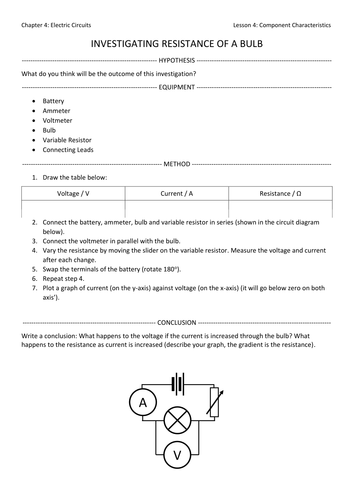 V-I Component Characteristics Required Practical Worksheet for AQA GCSE Physics