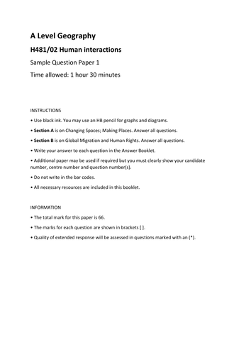OCR A Level Geography - Mock Examination and Mark Scheme - Sample Paper 1