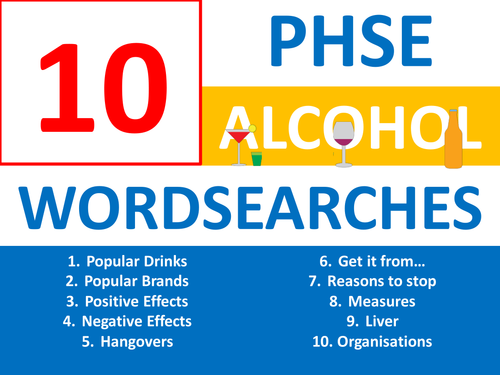 10 x Alcohol Awareness PSHE PHSE Wordsearches Keyword Starters Wordsearch Homework Cover Lesson Hwk