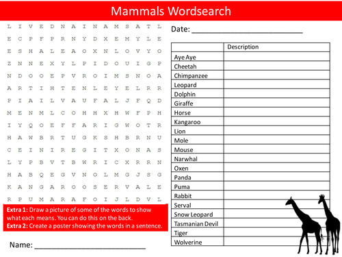 Mammals Wordsearch Starter Activity Animals Homework Cover Lesson Plenary