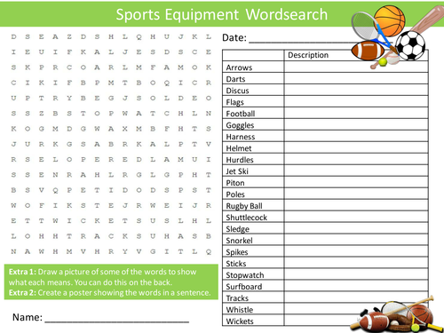 Sports Equipment Wordsearch Starter Activity PE Sports Day Homework Cover Lesson Plenary