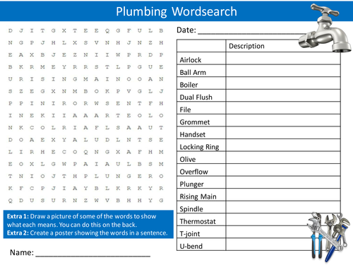 Plumbing Wordsearch Starter Activity Homework Cover Lesson Plenary
