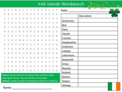 Irish Islands Wordsearch Starter Activity Geography Ireland Homework Cover Lesson Plenary