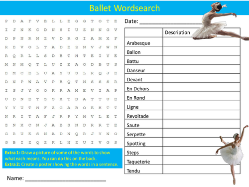 Ballet Wordsearch Starter Activity Dance KS2 KS3 GCSE Homework Cover Lesson Plenary