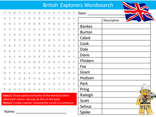 British Explorers Wordsearch Starter Activity Geography Exploration Homework Cover Lesson Plenary