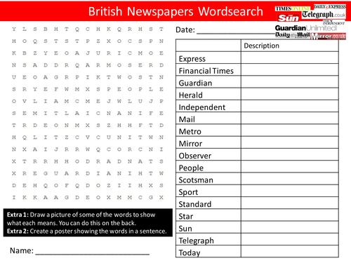 British Newspapers Wordsearch Starter Activity English Journalism Homework Cover Lesson Plenary