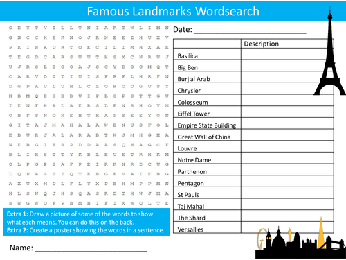 Famous Landmarks Wordsearch Starter Activity Geography Design Structures Homework Cover Lesson