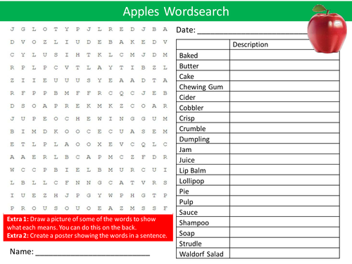 Apples Wordsearch Starter Activity Food Fruit Healthy Eating Homework Cover Lesson Plenary