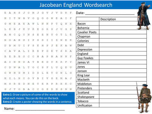 Jacobean England Wordsearch Starter Activity Jacobite History Homework Cover Lesson Plenary