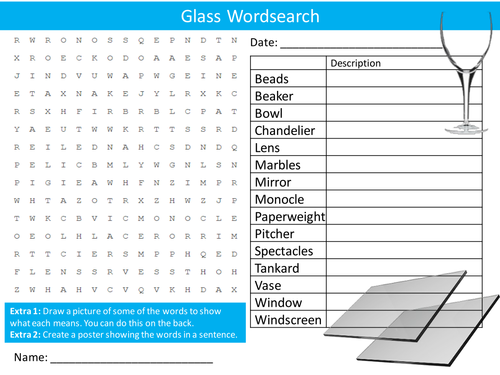 Glass Wordsearch Starter Activity Design Resistant Materials Homework Cover Lesson Plenary