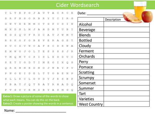Cider Wordsearch Starter Activity Alcohol Awareness PSHE Homework Cover Lesson Plenary