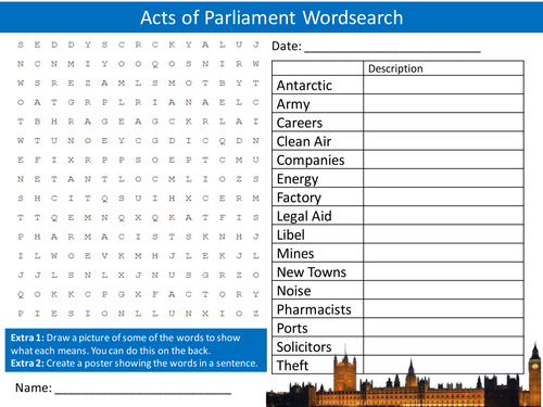 Acts of Parliament Wordsearch Starter Activity Politics Law Homework Cover Lesson Plenary
