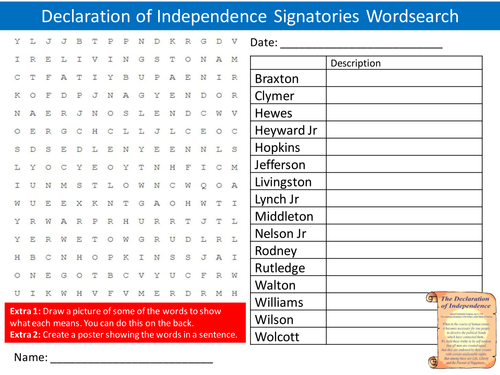 Declaration of Independence Signatories Wordsearch Starter Activity History Homework Cover Lesson
