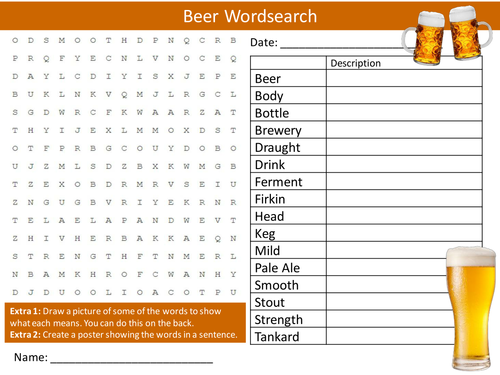 Beer Wordsearch Starter Activity Alcohol Awareness PSHE Homework Cover Lesson Plenary