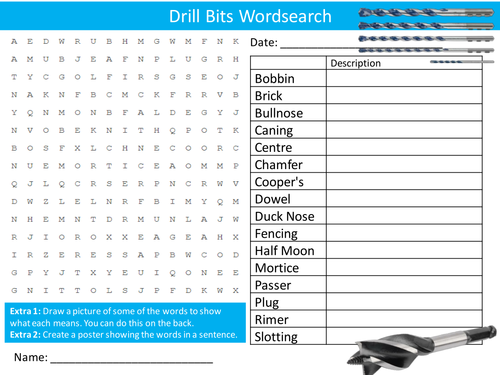 Drill Bits Wordsearch Starter Activity Resistant Materials Design Homework Cover Lesson Plenary