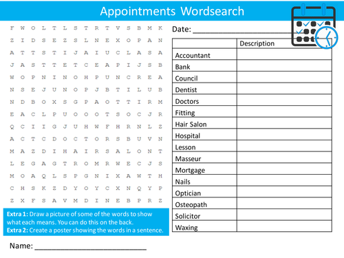 Appointments Wordsearch Starter Activity Work Planning Homework Cover Lesson Plenary