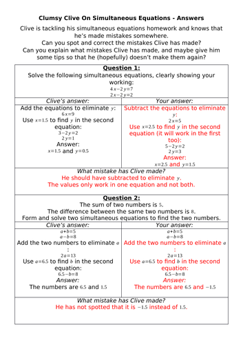 Clumsy Clive On Simultaneous Equations