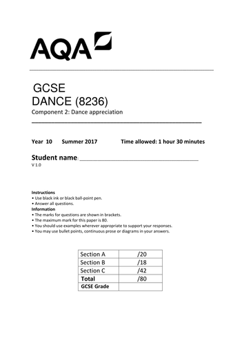 NEW GCSE Dance Mock Examination Paper Year 10 11 Teaching Resources