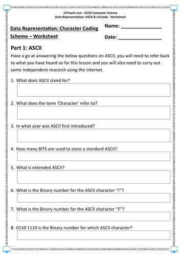 gcse computer science data representation ascii unicode worksheet teaching resources