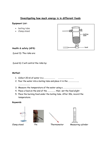 KS3 Science Energy from Food differentiated activity