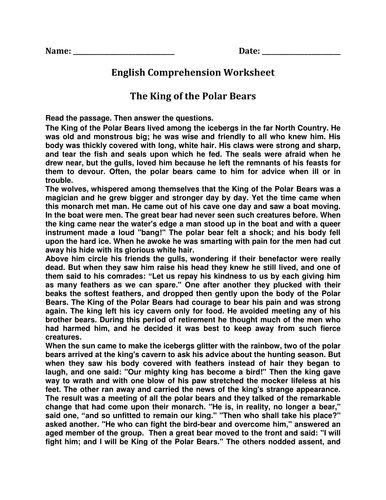 English Comprehension Worksheet 'The King of the Polar Bears'