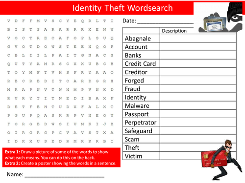 Identity Theft Wordsearch Starter Activity ICT IT Computing Homework Cover Lesson Plenary