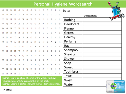 Personal Hygiene Wordsearch Starter Activity Keeping Healthy PSHE Homework Cover Lesson Plenary