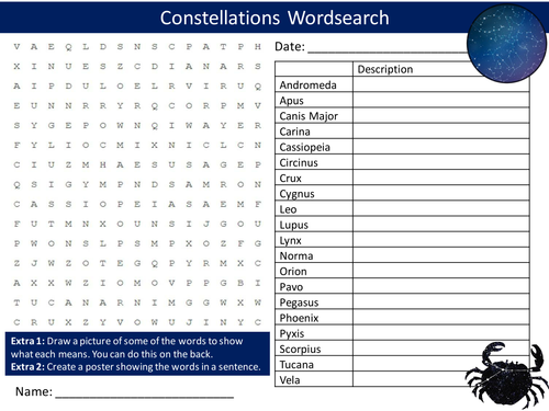 Constellations Wordsearch Starter Activity Science Physics Stars Homework Cover Lesson Plenary