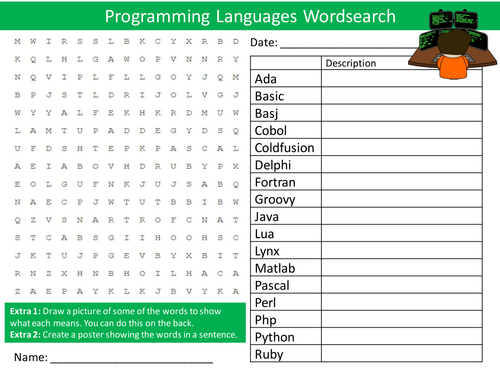 Programming Languages Wordsearch Starter Activity ICT Computing Homework Cover Lesson Plenary