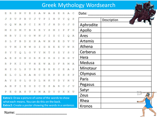 Greek Mythology Wordsearch Starter Activity Myths and Legends Homework Cover Lesson Plenary