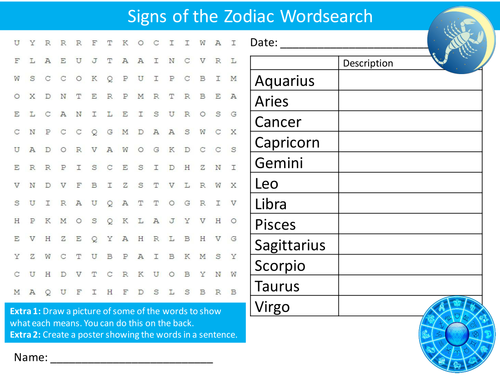 Signs Of The Zodiac Wordsearch Starter Activity Astrology Stars