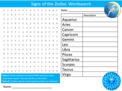 Signs of The Zodiac Wordsearch Starter Activity Astrology Stars Homework Cover Lesson Plenary