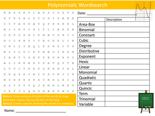 Polynomials Wordsearch Starter Activity Maths Algebra Equations Homework Cover Lesson Plenary