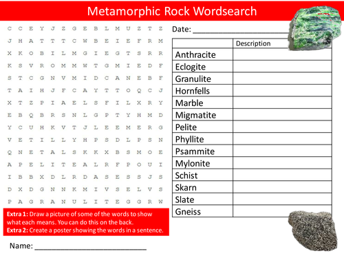 Metamorphic Rocks Wordsearch Starter Activity Geology Rock Types Homework Cover Lesson Plenary