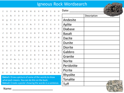 Igneous Rocks Wordsearch Starter Activity Geology Rock Types Homework Cover Lesson Plenary