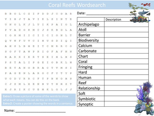 Coral Reefs Wordsearch Starter Activity Geography The Sea Homework Cover Lesson Plenary