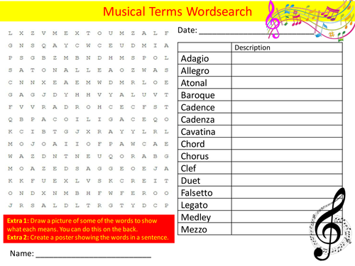 Musical Terms Wordsearch Starter Activity Music Notation Homework Cover Lesson Plenary