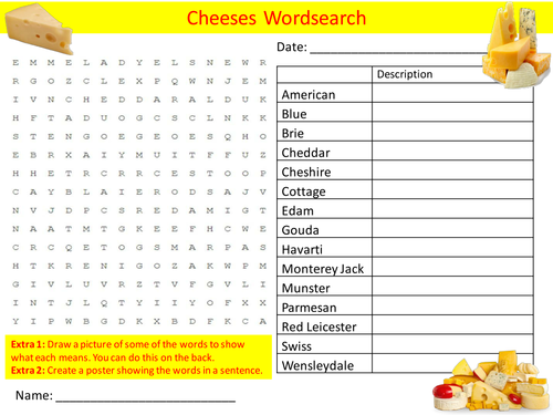 Types of Cheese Wordsearch Starter Activity Food Dairy Homework Cover Lesson Plenary