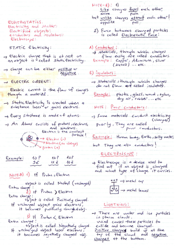 Electricity and Electrostatics - Teachers Note - 1 | Teaching Resources