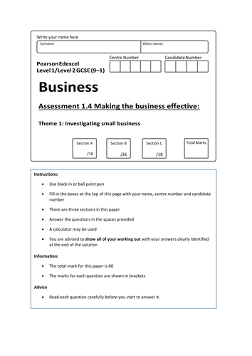 9-1 Edexcel Business GCSE end of topic assessments